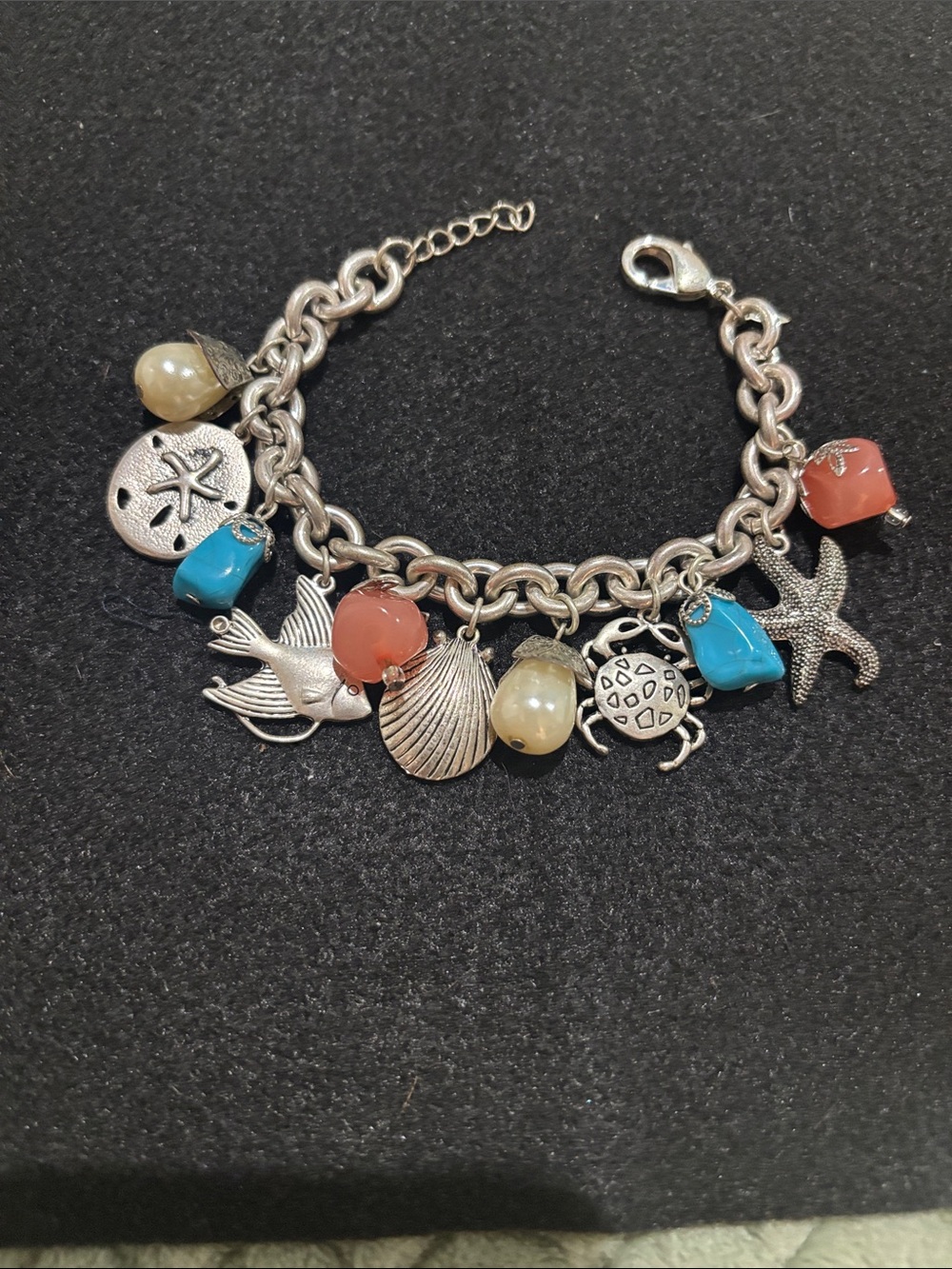Silver-Plated Beach Charm Bracelet with Turquoise Blue, Coral and Cream Beads